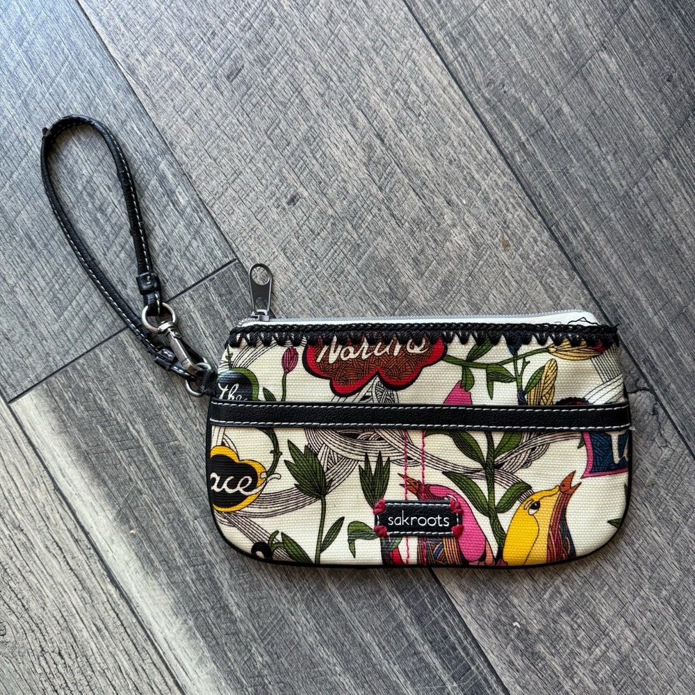 Sakroots Floral Wristlet Clutch Nature Peace Bird Print Cream Pink Red Black